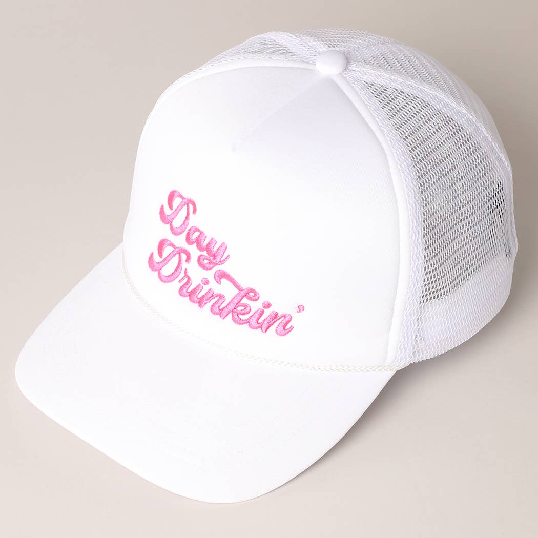 Day Drinkin Texts Embroidery Mesh Back Trucker Hat: FUCH / ONE SIZE