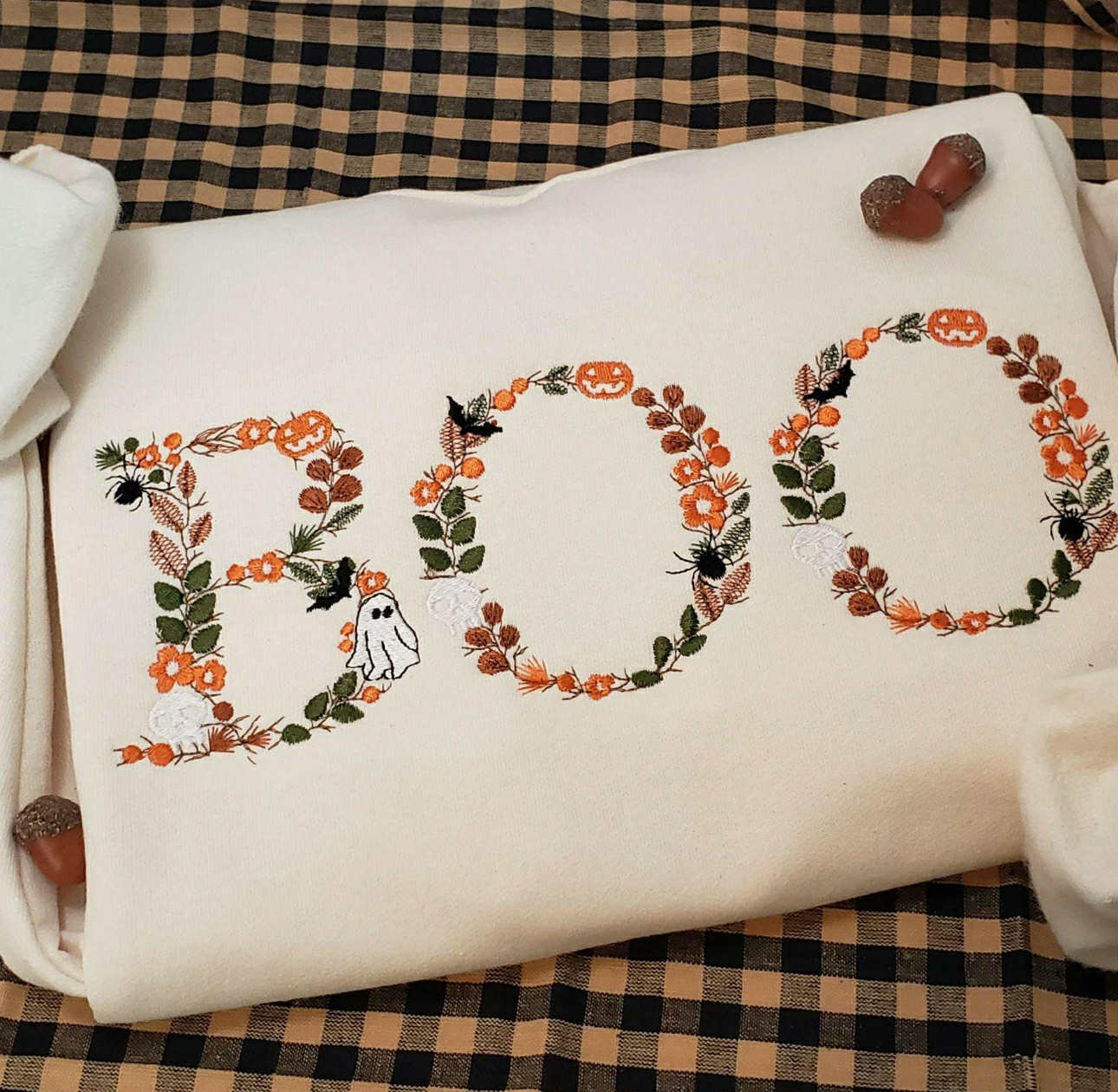 Embroidery Floral Boo | Tan Crewneck Sweatshirt