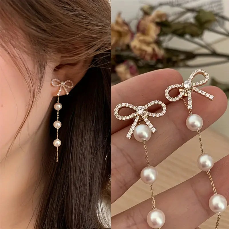 Light Luxury Bow Fringe Bead Drop Earring