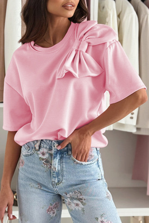 Pink Bow Appliqué Half Sleeve Top