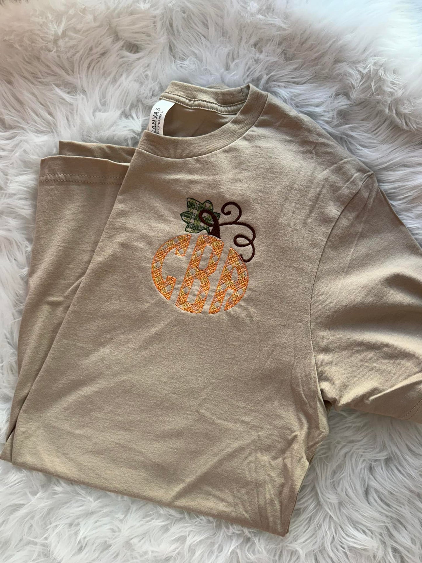 Checkered Monogrammed Embroidered Pumpkin Tan Bella Unisex Tee