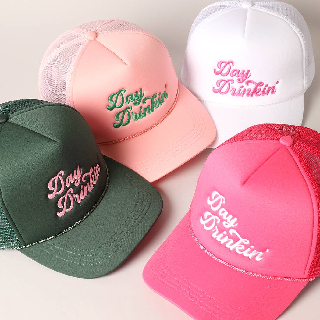 Day Drinkin Texts Embroidery Mesh Back Trucker Hat: FUCH / ONE SIZE