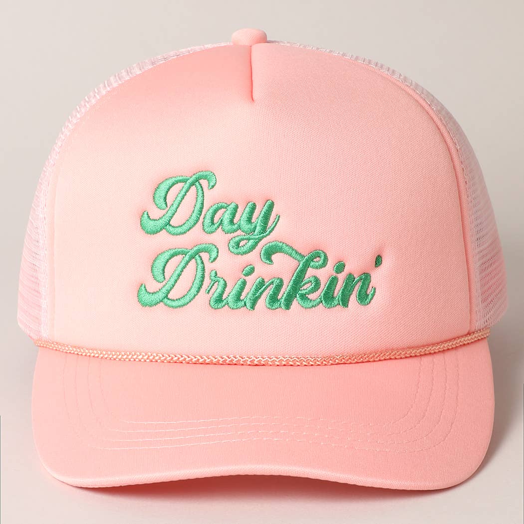 Day Drinkin Texts Embroidery Mesh Back Trucker Hat: FUCH / ONE SIZE