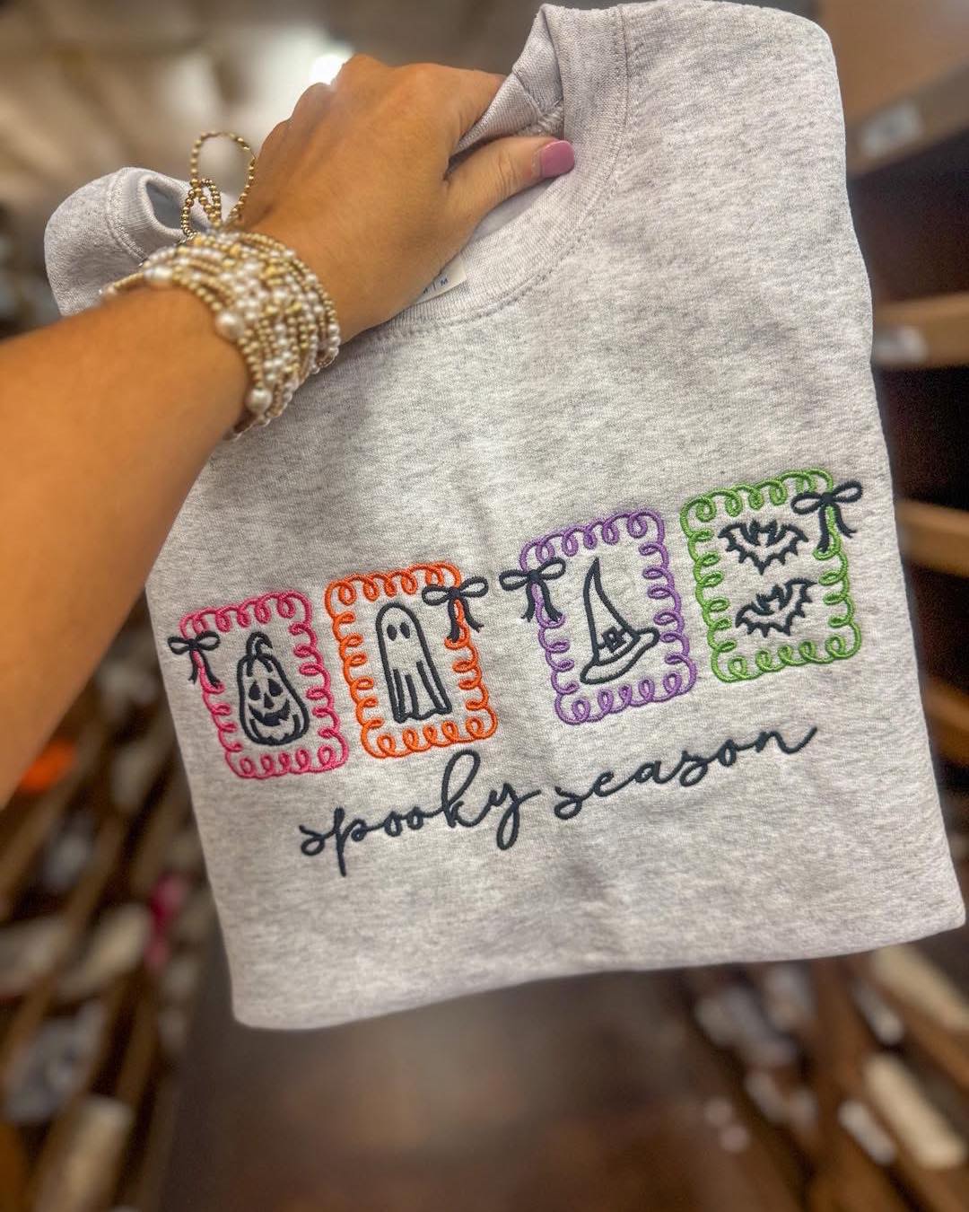 Embroidery Coquette Frames Spooky Season | Ash Grey Crewneck Sweatshirt