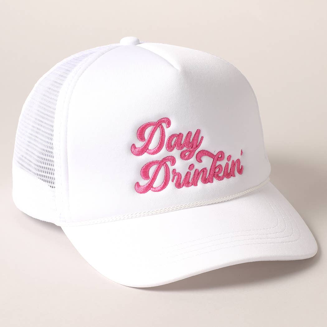 Day Drinkin Texts Embroidery Mesh Back Trucker Hat: FUCH / ONE SIZE