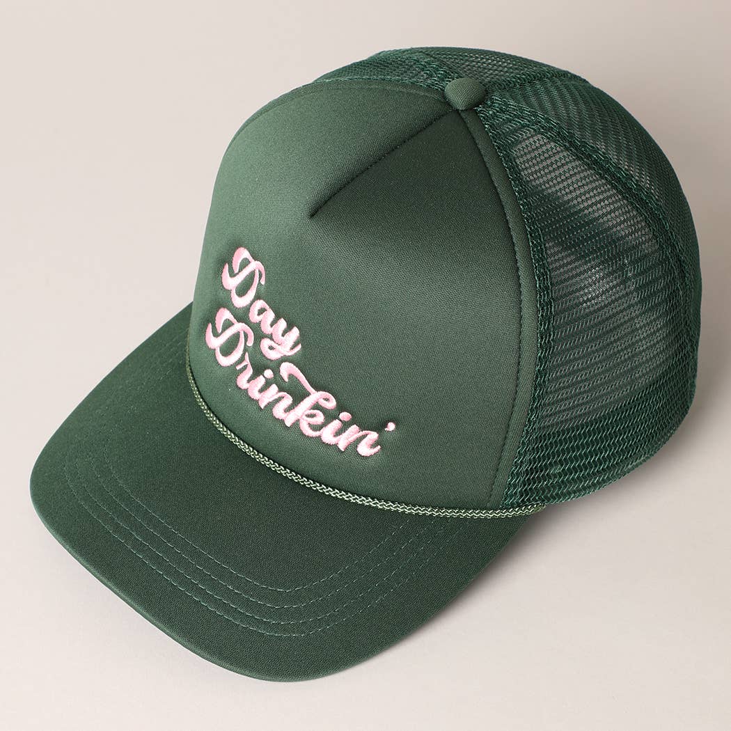 Day Drinkin Texts Embroidery Mesh Back Trucker Hat: FUCH / ONE SIZE