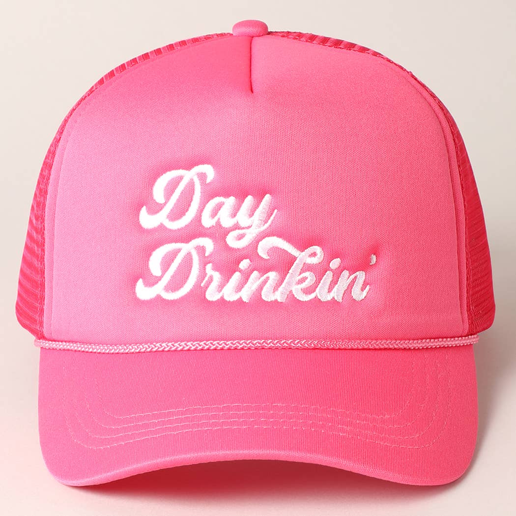 Day Drinkin Texts Embroidery Mesh Back Trucker Hat: FUCH / ONE SIZE