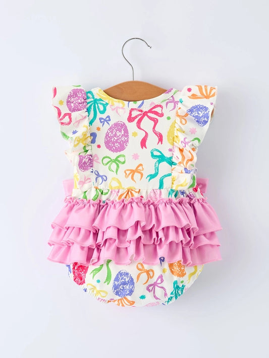 Rainbow Easter Egg Print Bow Baby Girls Romper