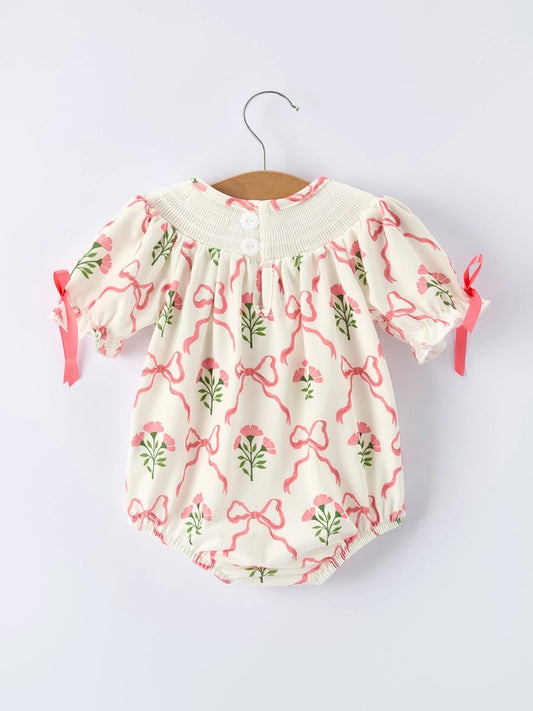 Spring Floral Smocking Embroidery Bow Baby Girls Romper