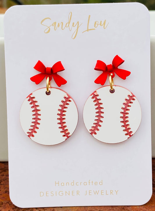 Baseball Game Day Drop with Red Bow Earrings