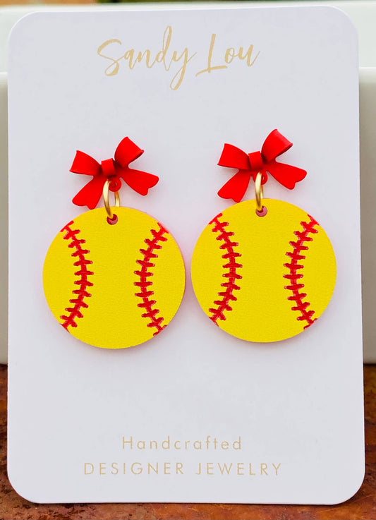Softball Game Day Drop with Red Bow Earrings