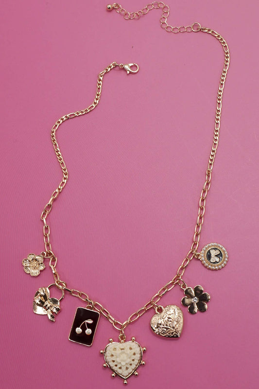 CHARM NECKLACE-BOW CHERRY HEART FLOWER