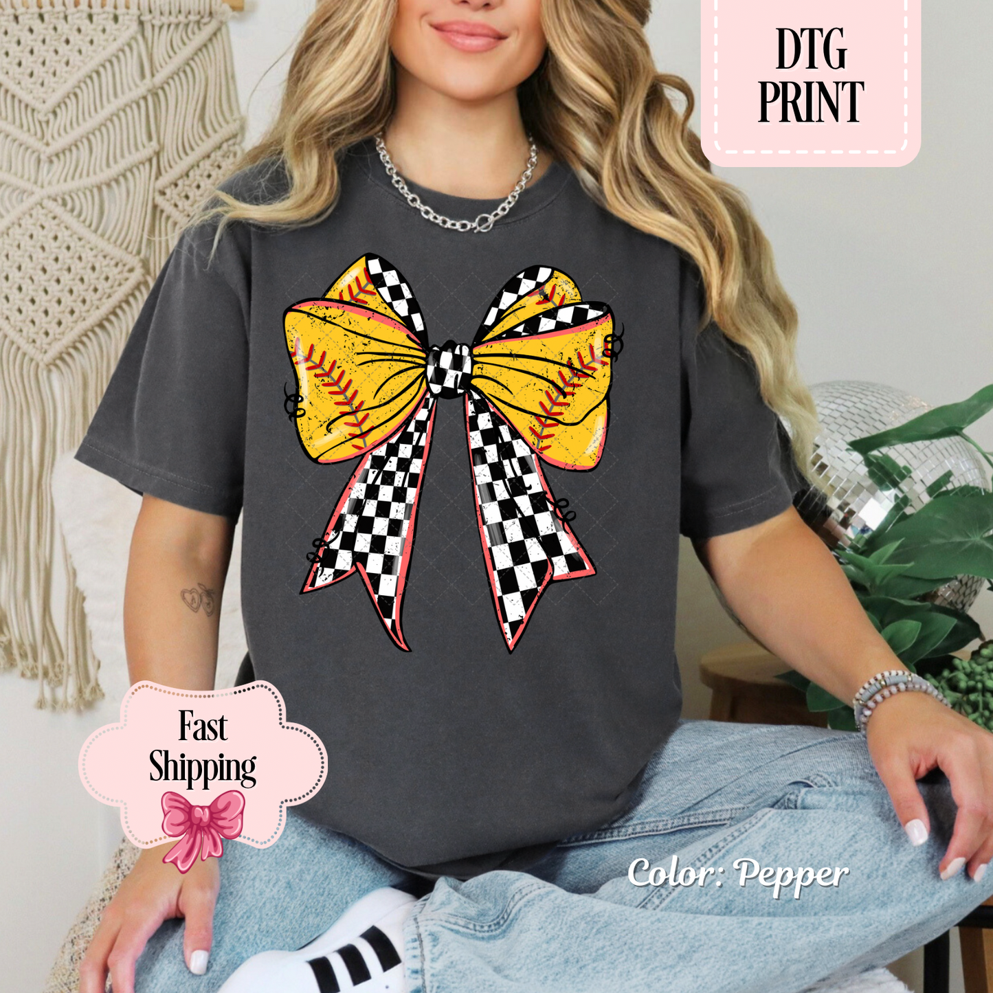 Checkered Softball Bow