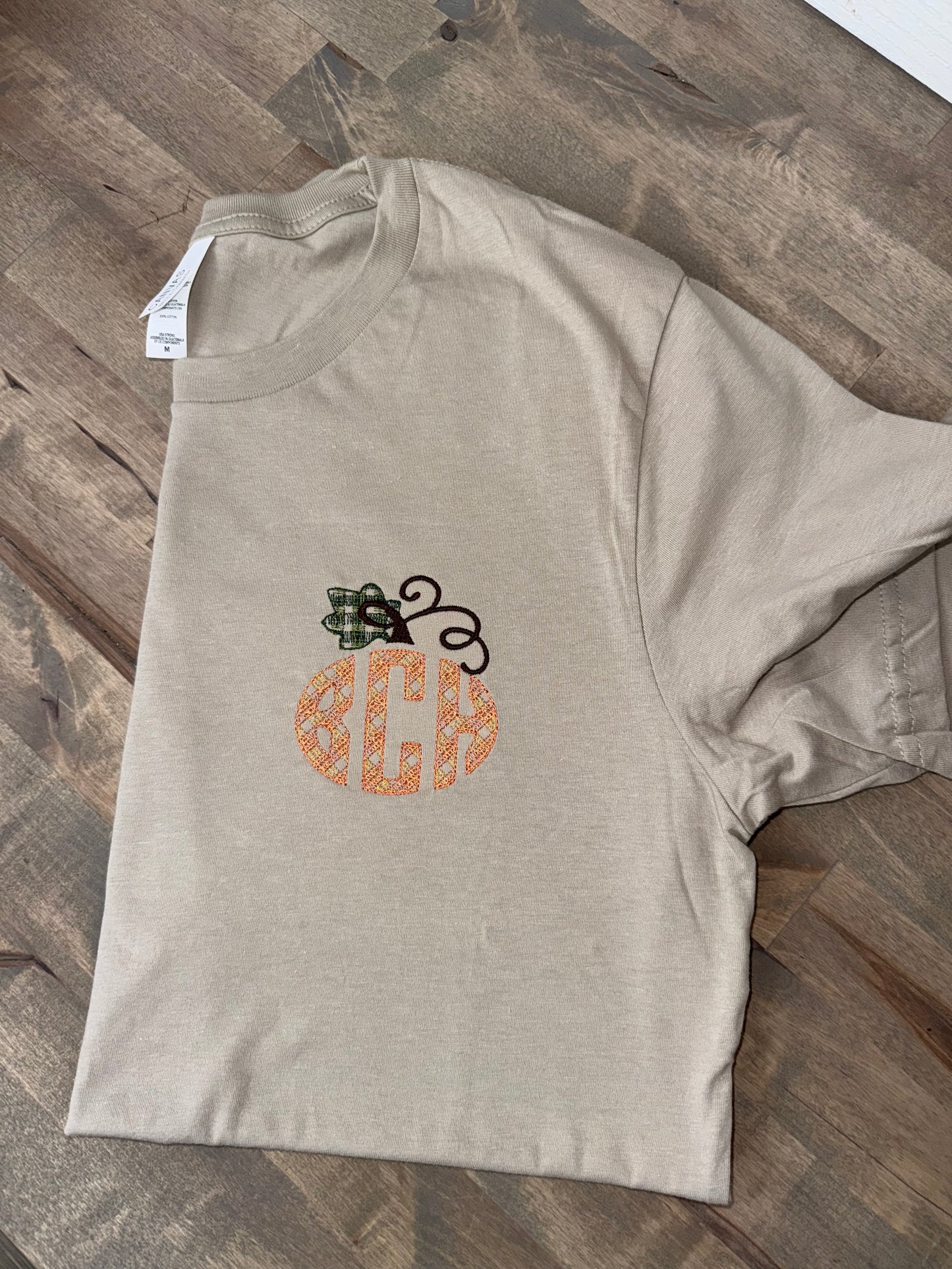 Checkered Monogrammed Embroidered Pumpkin Tan Bella Unisex Tee