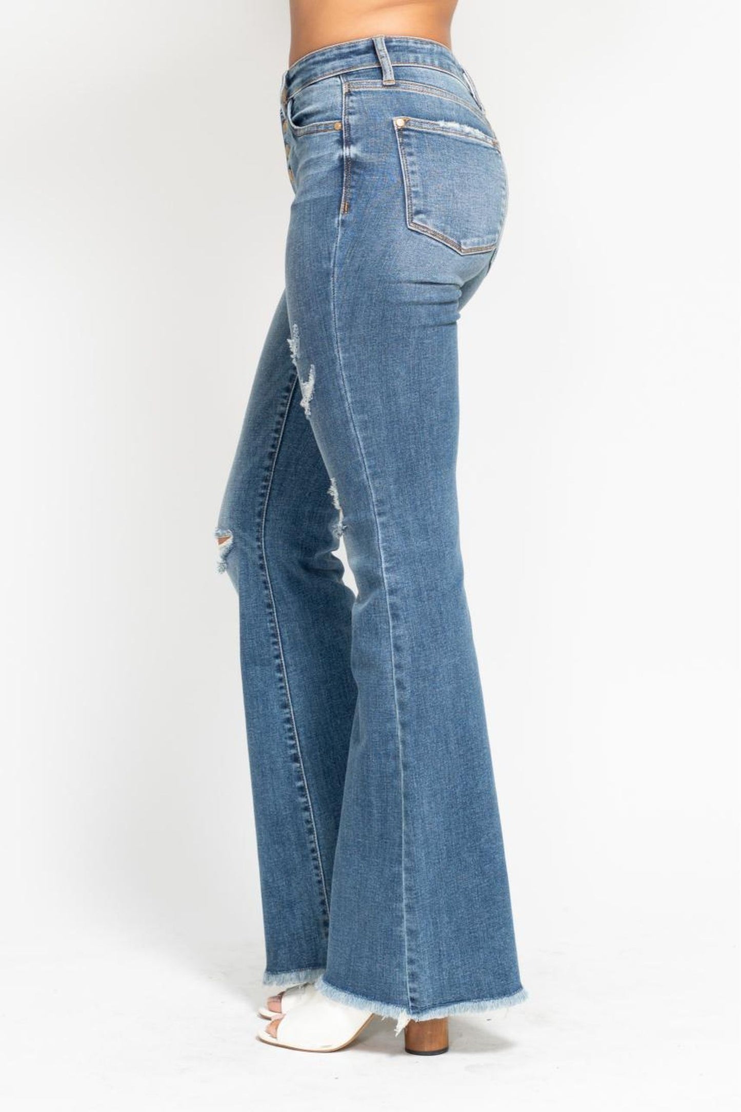 Zelda Button Fly Flare Destroy Fray Hem Judy Blue Jeans