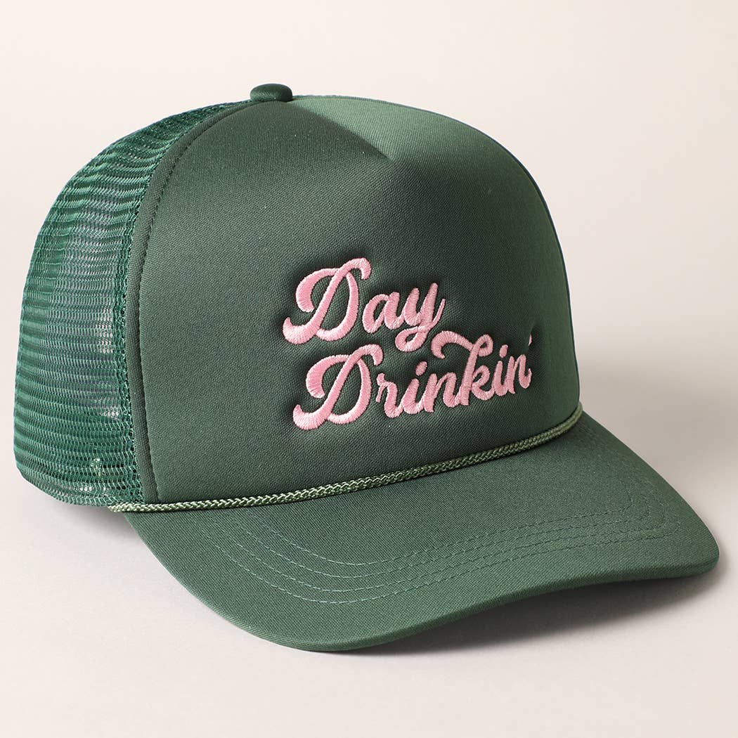 Day Drinkin Texts Embroidery Mesh Back Trucker Hat: FUCH / ONE SIZE