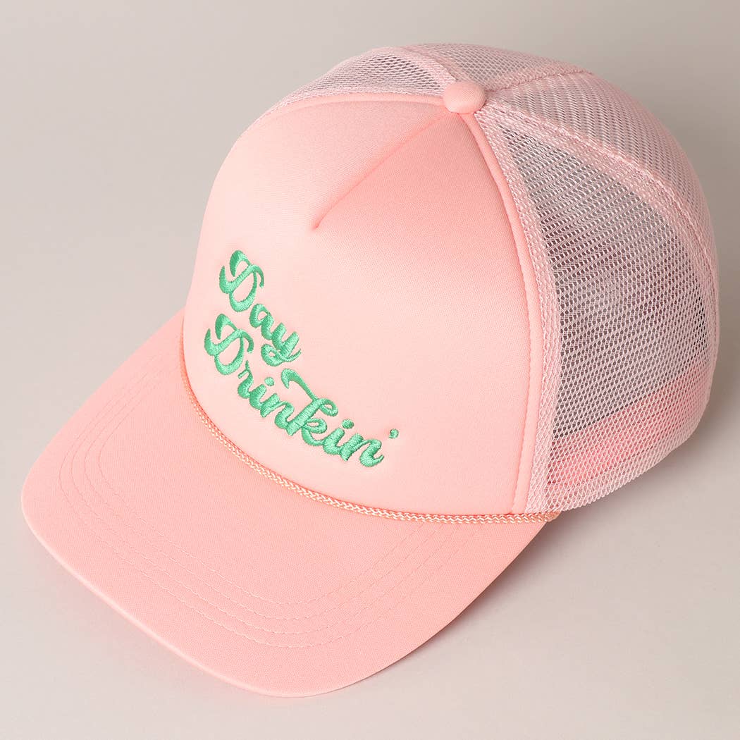 Day Drinkin Texts Embroidery Mesh Back Trucker Hat: FUCH / ONE SIZE