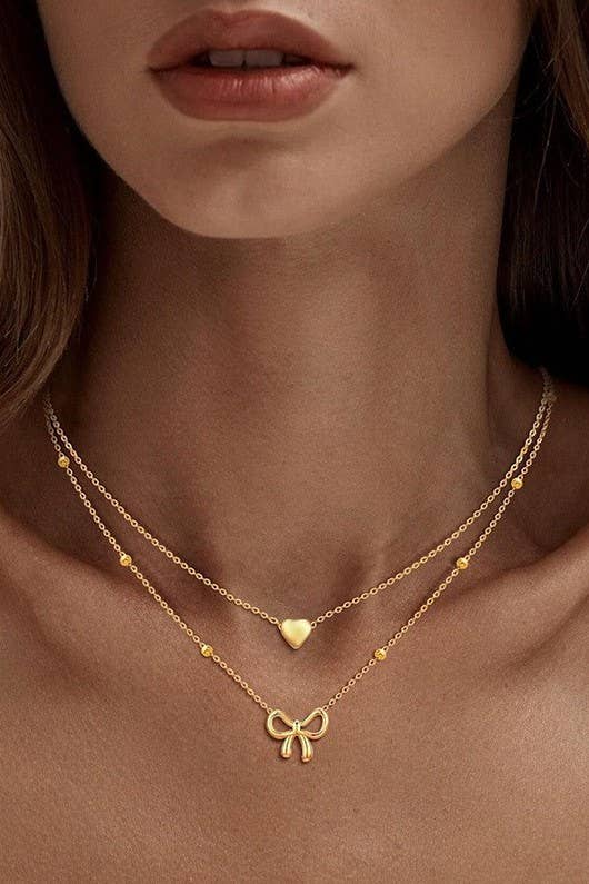 LAYERED HEART BOW NECKLACE