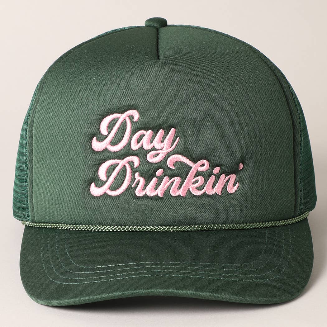 Day Drinkin Texts Embroidery Mesh Back Trucker Hat: FUCH / ONE SIZE