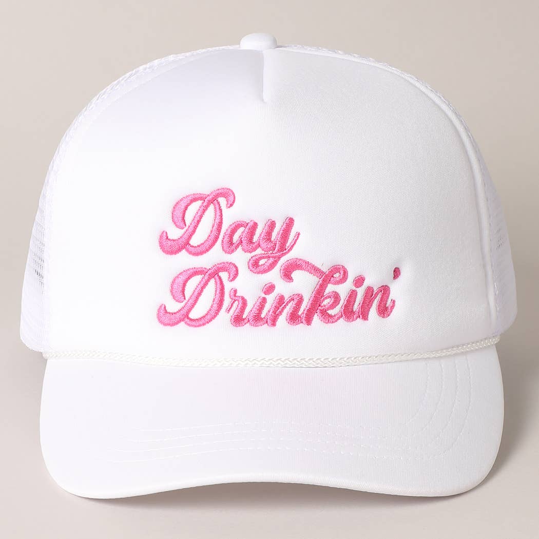 Day Drinkin Texts Embroidery Mesh Back Trucker Hat: FUCH / ONE SIZE