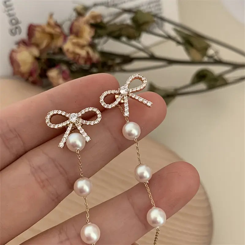 Light Luxury Bow Fringe Bead Drop Earring