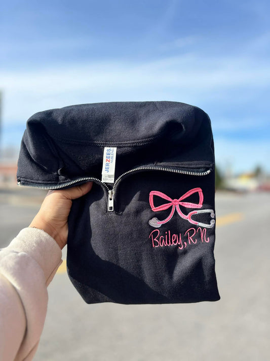 Pink Bow Stethoscope Quarter Zip