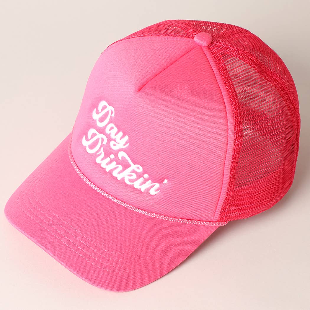 Day Drinkin Texts Embroidery Mesh Back Trucker Hat: FUCH / ONE SIZE