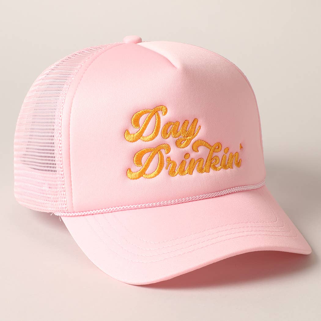 Day Drinkin Texts Embroidery Mesh Back Trucker Hat: FUCH / ONE SIZE