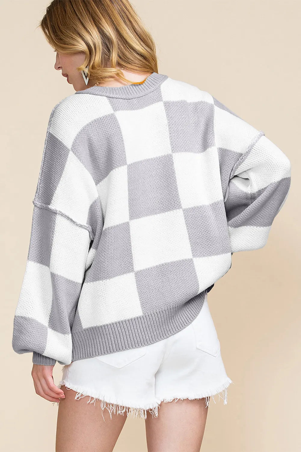 Bihop Sleeve Checkered Print Sweater