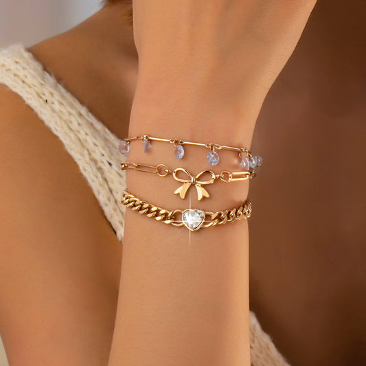 Bow & Crystal Heart Charm Layered Bracelet Set