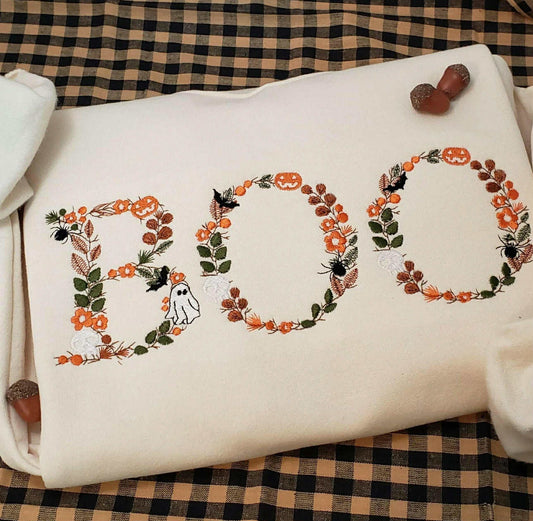 Embroidery Floral Boo | Tan Crewneck Sweatshirt