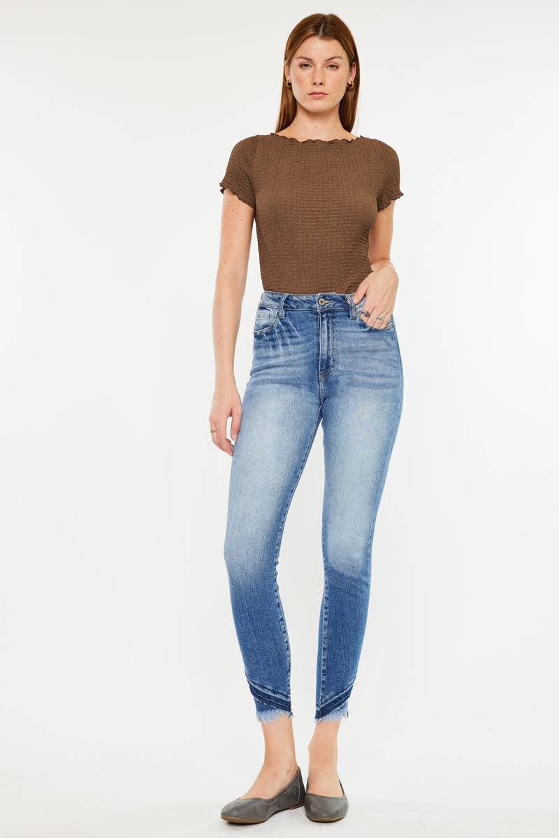 High Rise Frayed Edge Distressed Ankle Jeans