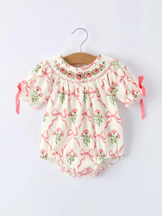 Spring Floral Smocking Embroidery Bow Baby Girls Romper