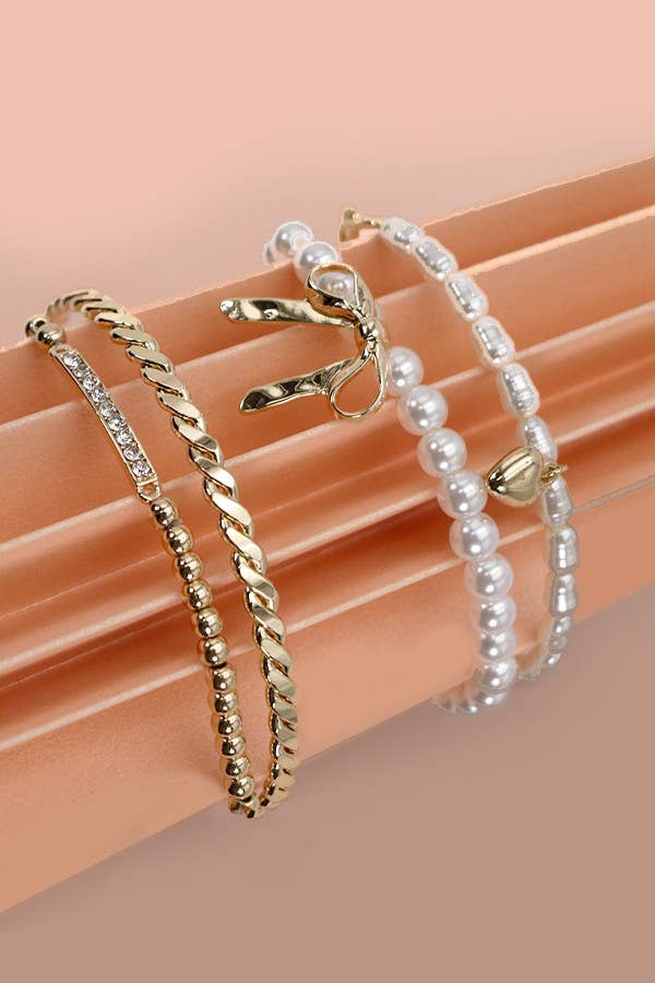 Bow & Pearl Rhinestone Bangle Set