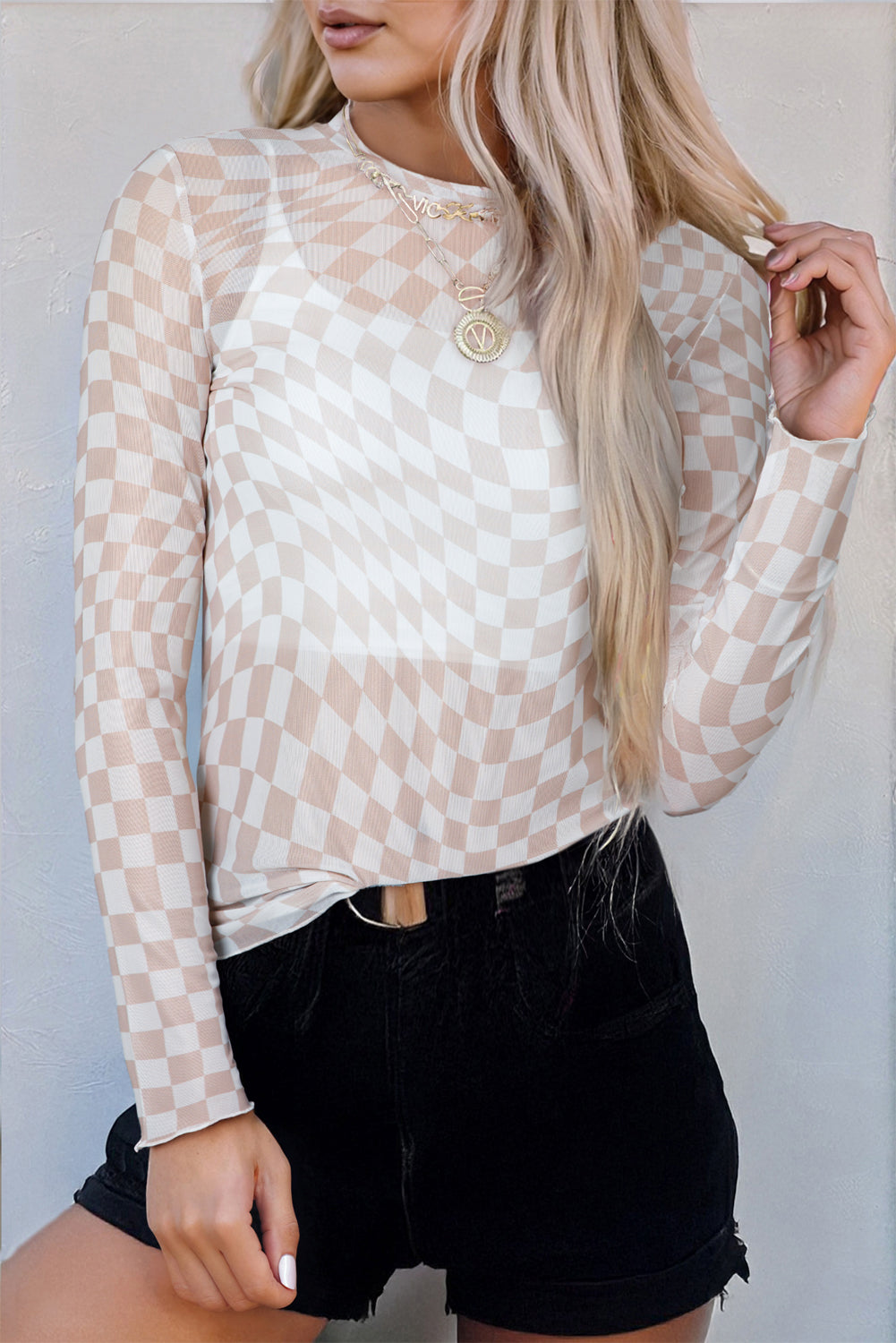 Checkered Mesh Mock Neck Top
