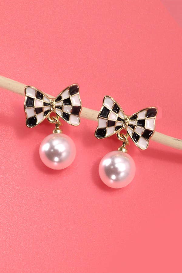 Checkerboard Bow & Pearl Earrings