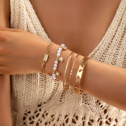 Gold Pearl & Crystal Drop Layered Bracelet Set