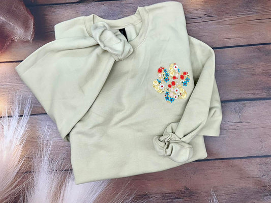 Embroidery Floral Paw | Tan Crewneck Sweatshirt