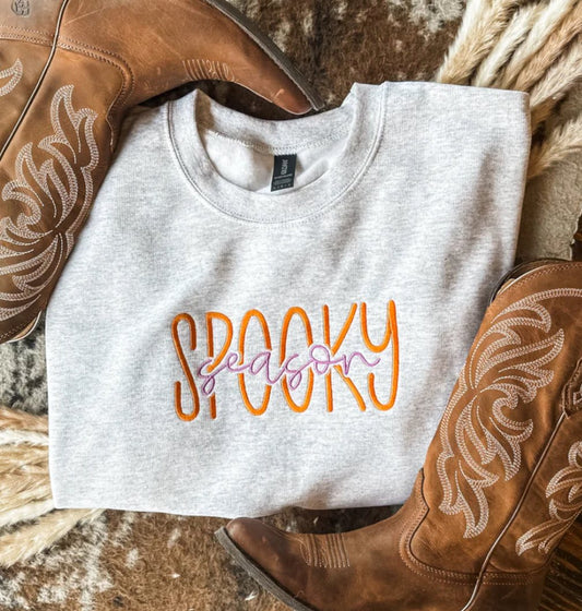 Embroidery Spooky Season | Ash Grey Crewneck Sweatshirt