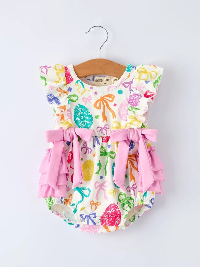 Rainbow Easter Egg Print Bow Baby Girls Romper