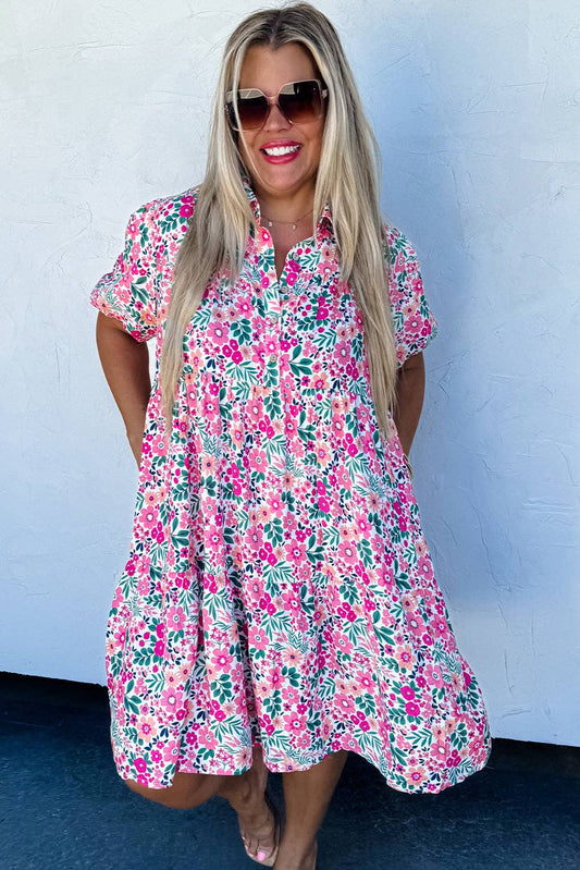 Pink Plus Size Floral Half Button Short Puff Sleeve A-line Dress