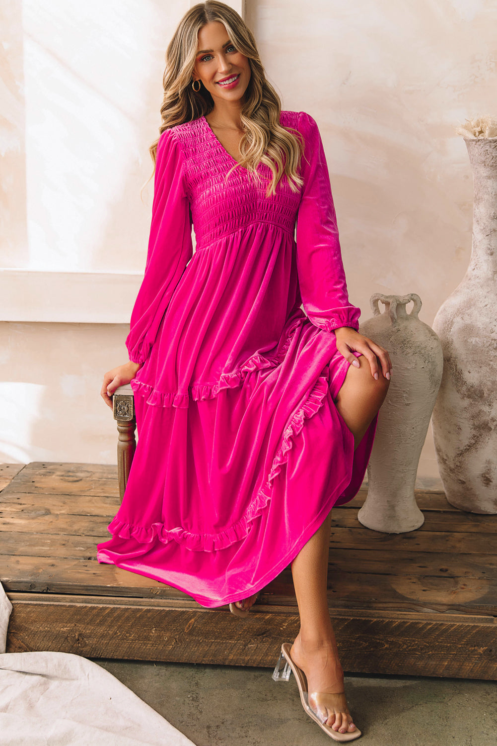 Rosy Velvet Vneck Long Sleeve Dress