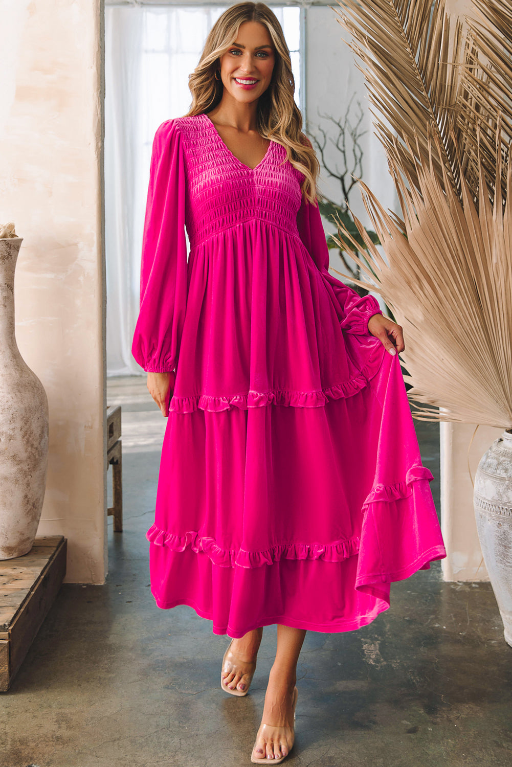 Rosy Velvet Vneck Long Sleeve Dress