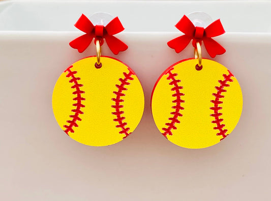 Softball Game Day Drop with Red Bow Earrings 