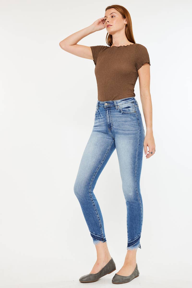 High Rise Frayed Edge Distressed Ankle Jeans