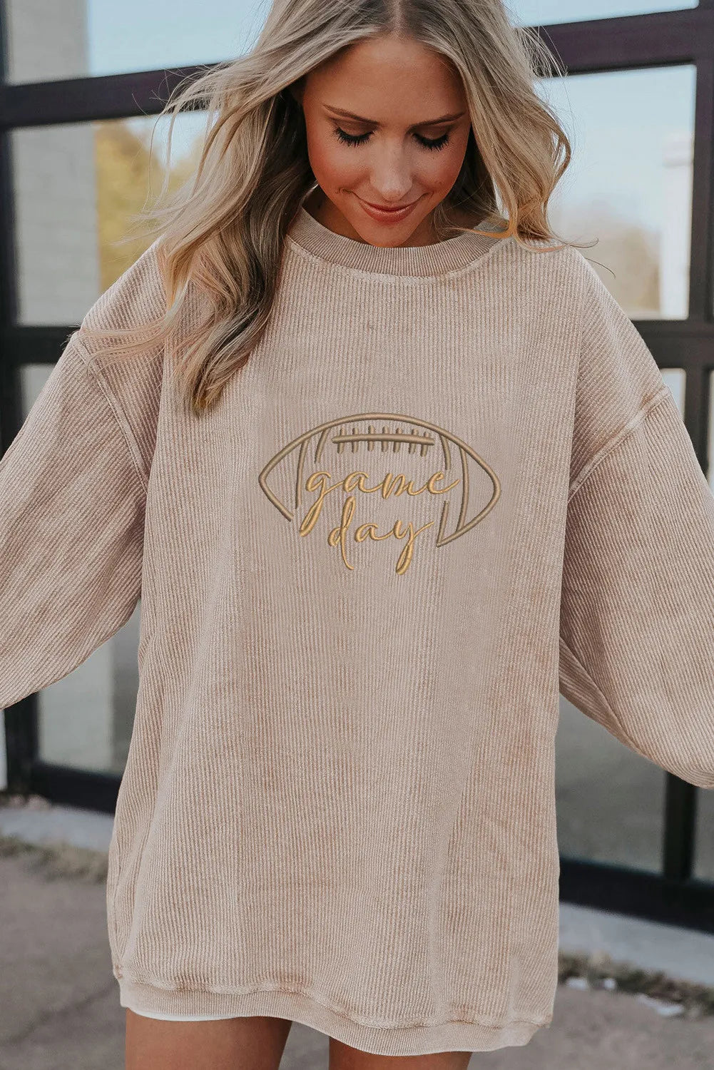 Apricot Touchdown Embroidered Corduroy Sweatshirt