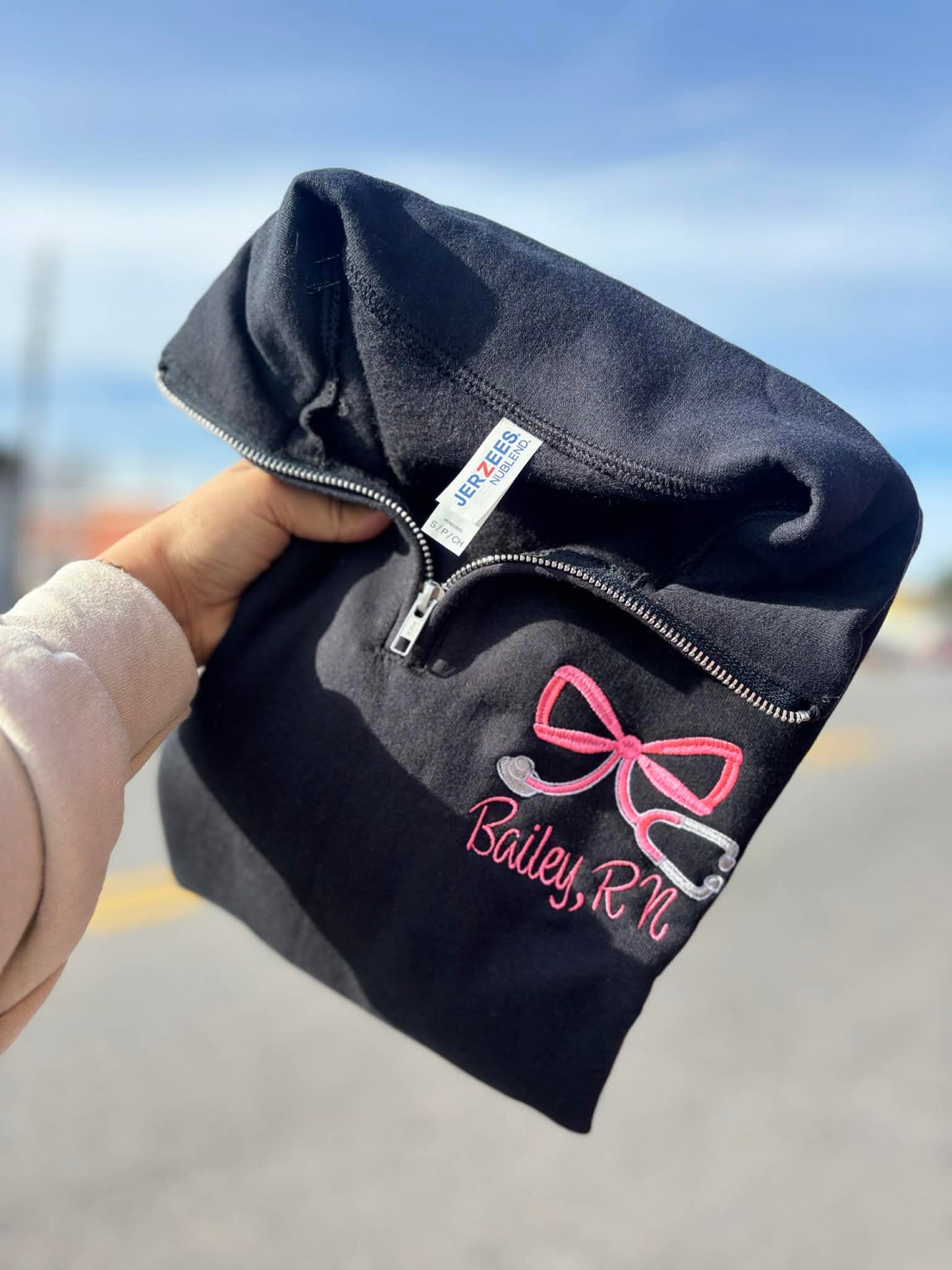 Pink Bow Stethoscope Quarter Zip