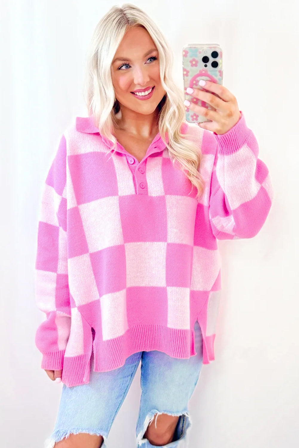 Blast Of Pink Checkered Sweater