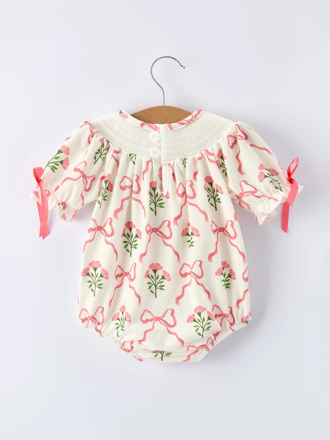 Spring Floral Smocking Embroidery Bow Baby Girls Romper