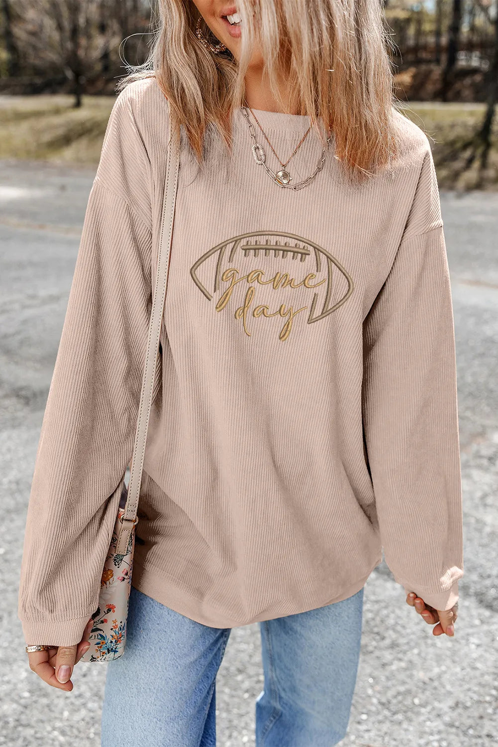 Apricot Touchdown Embroidered Corduroy Sweatshirt